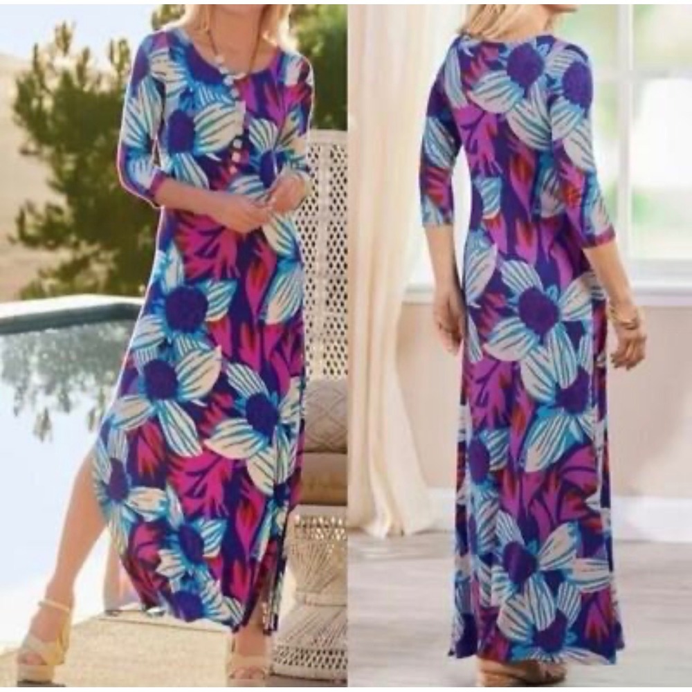 Soft Surroundings XL Maxi Dress Floral Tropical Slit 3/4‎ Sleeve Blue Pink